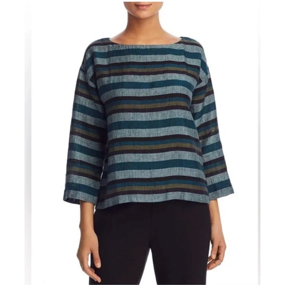Eileen Fisher $238 TEAL Multi Striped Organic Linen Boat Neck Top Sz XS EUC
